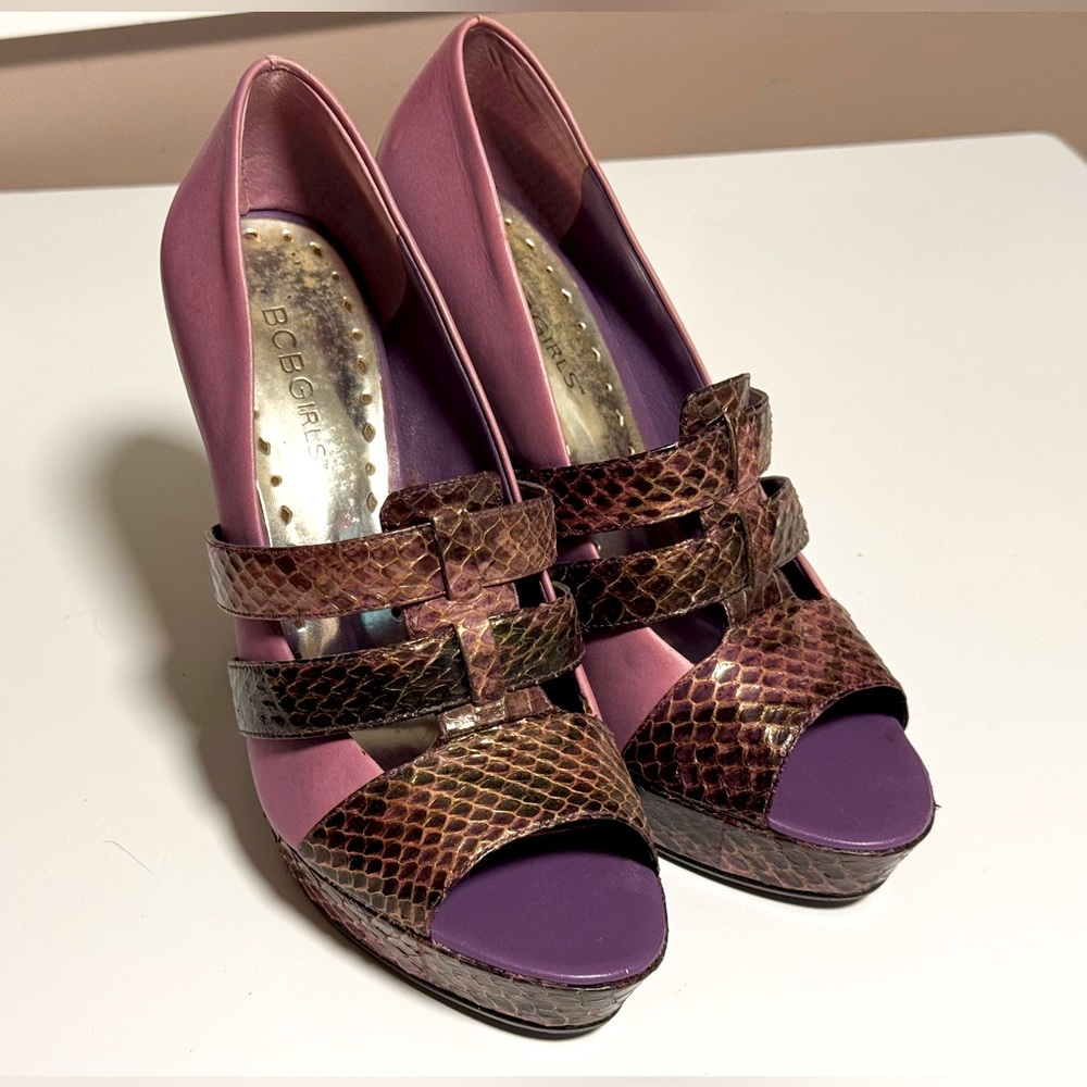 BCBGirls Two Toned Purple Snake Skin Stiletto Heels